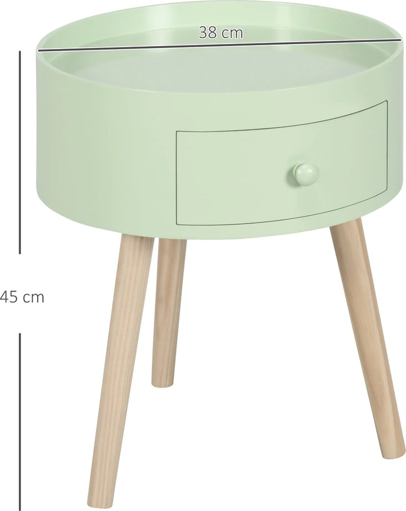 HOMCOM Távollévő Asztal - Éjjeliszekrény - Kerek Éjjeliszekrény - Skandináv Stílusú Oldal Asztal Fiokkal, Kúp alakú, Dőlt Szilárd Fa Lábakkal Zöld | A