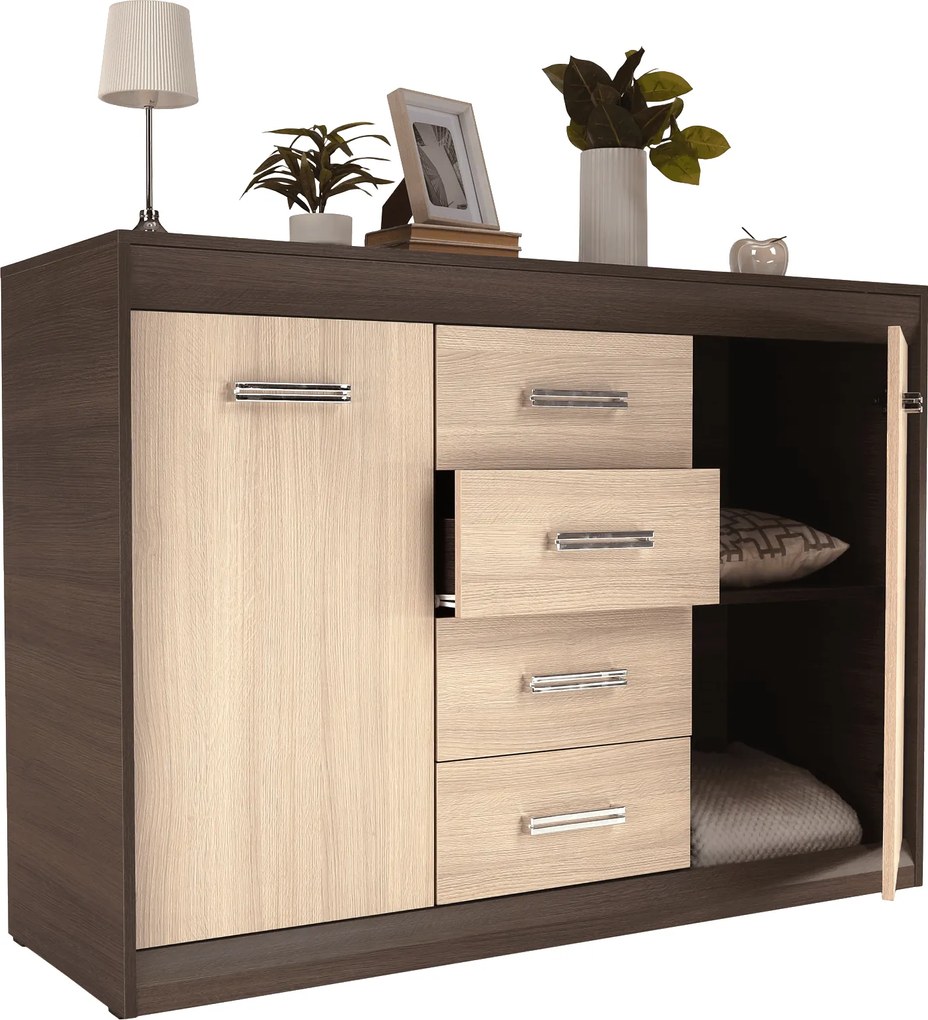 Komód, DTD/MDF, tölgy világos/tölgy sötét, KORINA