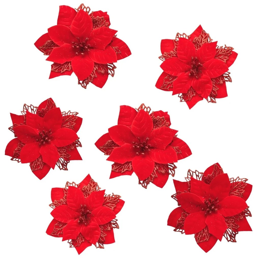 Karácsonyi dekoráció Poinsettia szarvasagancsos,piros, 6 darabos szett