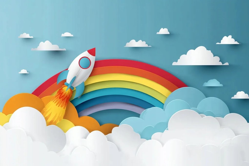 Fotótapéta Flizelina Gyerekek Ég Szivárvány Rakéta Start Repülés 3D 254x184 ragasztó