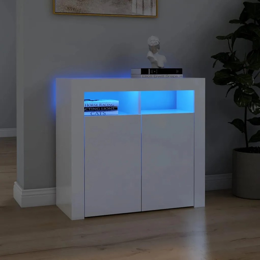 magasfényű fehér tálalószekrény LED-lámpákkal 80 x 35 x 75 cm