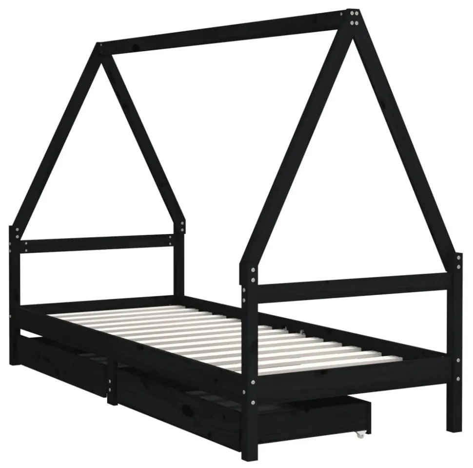 fekete tömör fenyőfa gyerekágykeret fiókokkal 90 x 200 cm