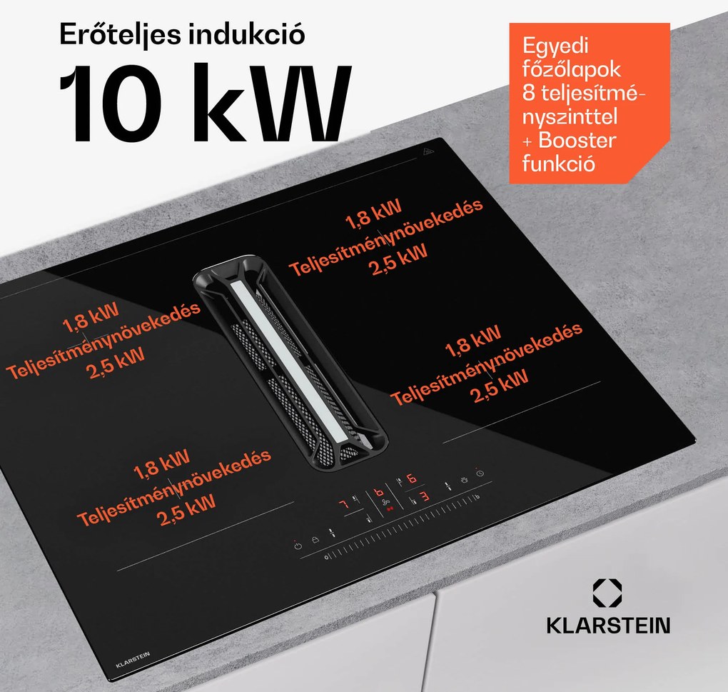 Klarstein AirJet Hybrid Down Air System, Indukciós főzőlap beépített páraelszívóval, 477 m³/h, EEK A+