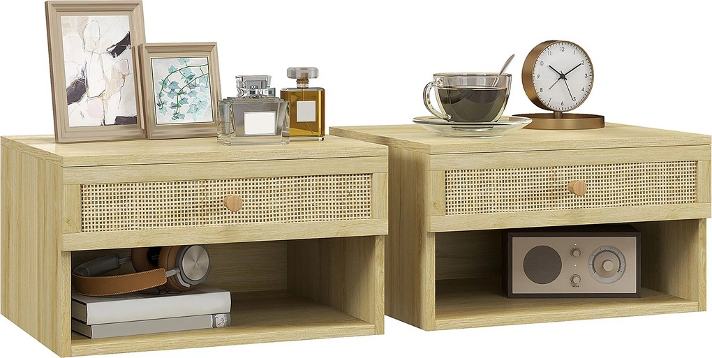 HOMCOM 2 db Függő Ágymelletti Asztal - Nyitott Tárolóval és Rattan Elülső Fiókkal 40x34x23 cm