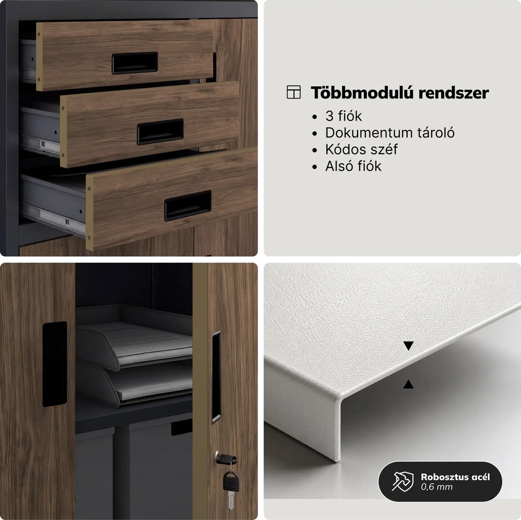 Fém irodai szekrény széffel, antracit, dió, 900x1850x400 mm: FILIP II Eco Design