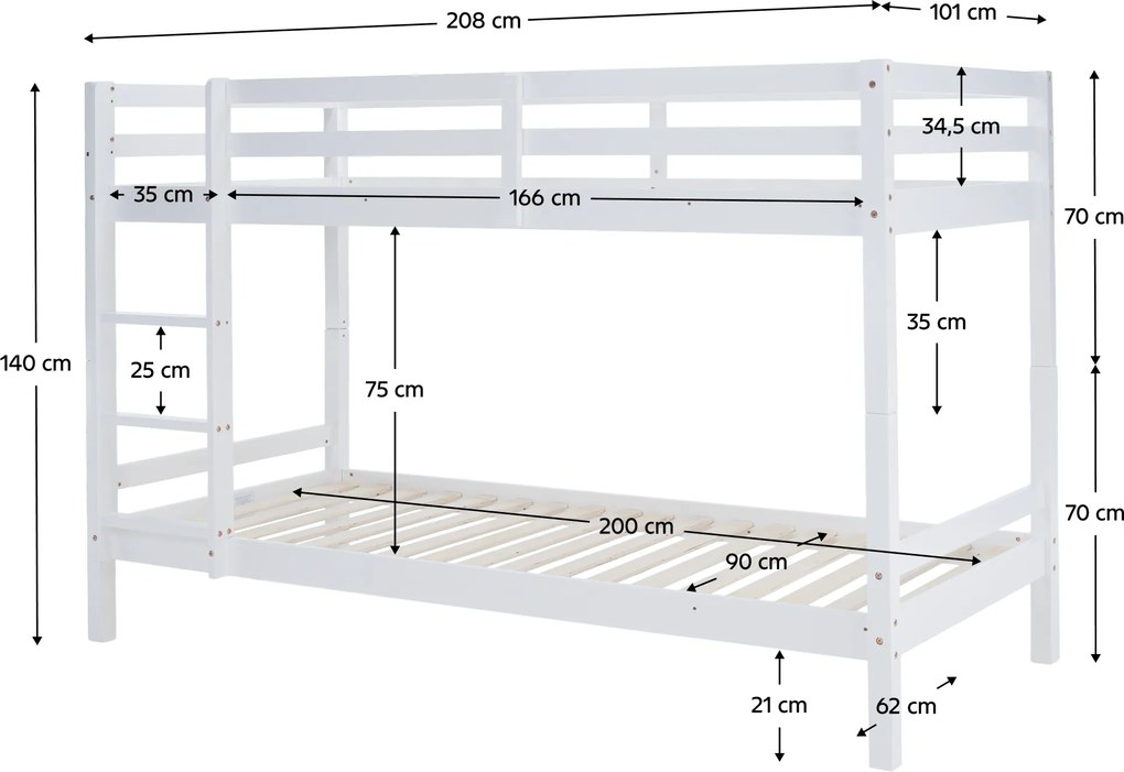 Emeletes ágy, 90x200, tömör fa, fehér, INEZA