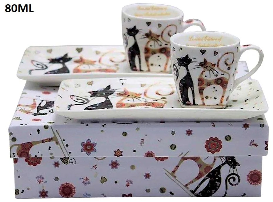 Cicás porcelán eszpresszó kávés csésze tálcával díszdobozban szíves mintával