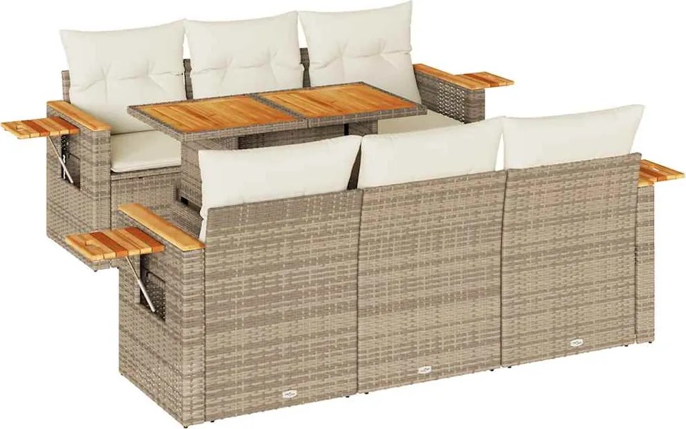 vidaXL 7 részes bézs polyrattan akácfa kerti ülőgarnitúra párnákkal