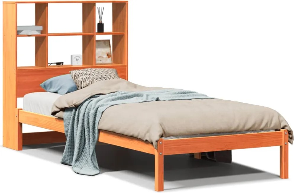 vidaXL barna tömör fenyőfa könyvespolcos ágy matrac nélkül 100 x 200cm