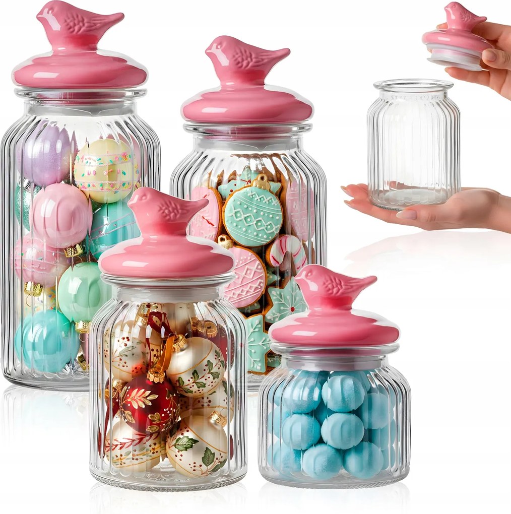 4 db-os Befőttesüveg Készlet Élelmiszer Keksz Kávé Madár