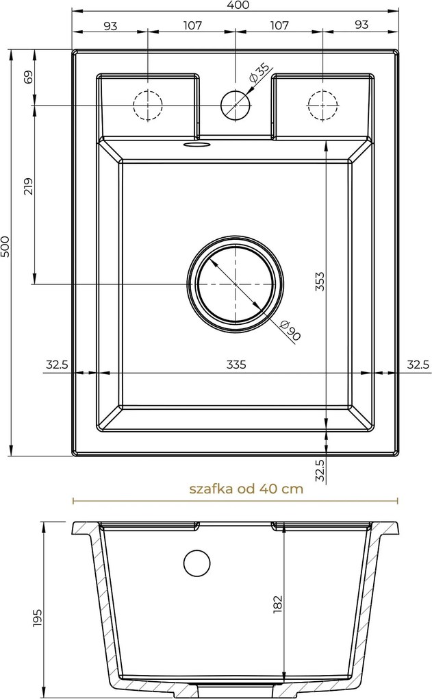 SINK Quality Mosogató Quality Ferrum 40, konyhai gránit mosogató 400x500x195 mm + szifon, fekete, SKQ-FER.C.1K40.X