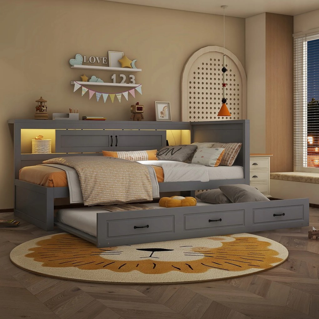 Kanapé ágy kihúzható LED-del 90x200cm ágy aljzat Usb szürke