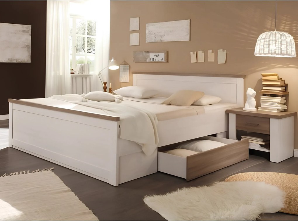 Ágykeret + 2db éjjeliszekrény, DTD fóliázott, sonoma tölgy trüffel/mandulafenyő fehér, LUMERA