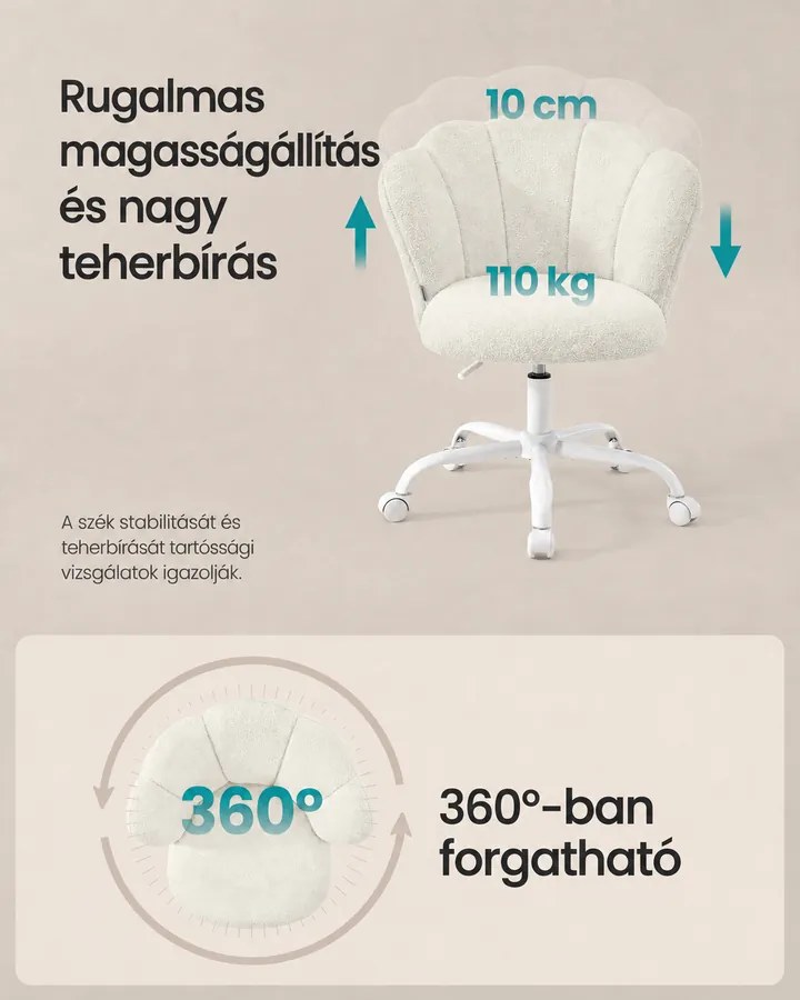 SONGMICS irodai szék és sminkszék, virágszirom háttámlával, állítható magassággal, görgőkkel, max. 110 kg, krémfehér