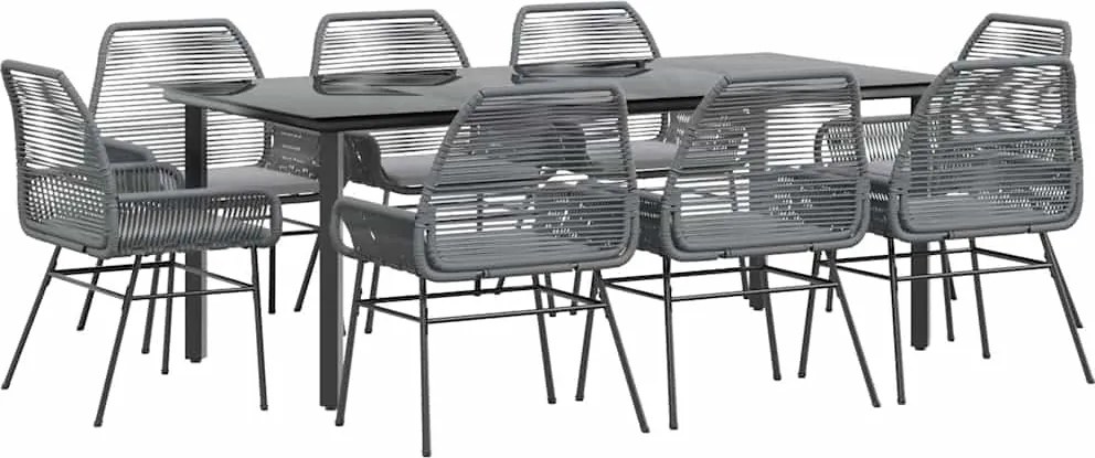 vidaXL 9 részes szürke polyrattan üveg kerti étkezőgarnitúra párnával