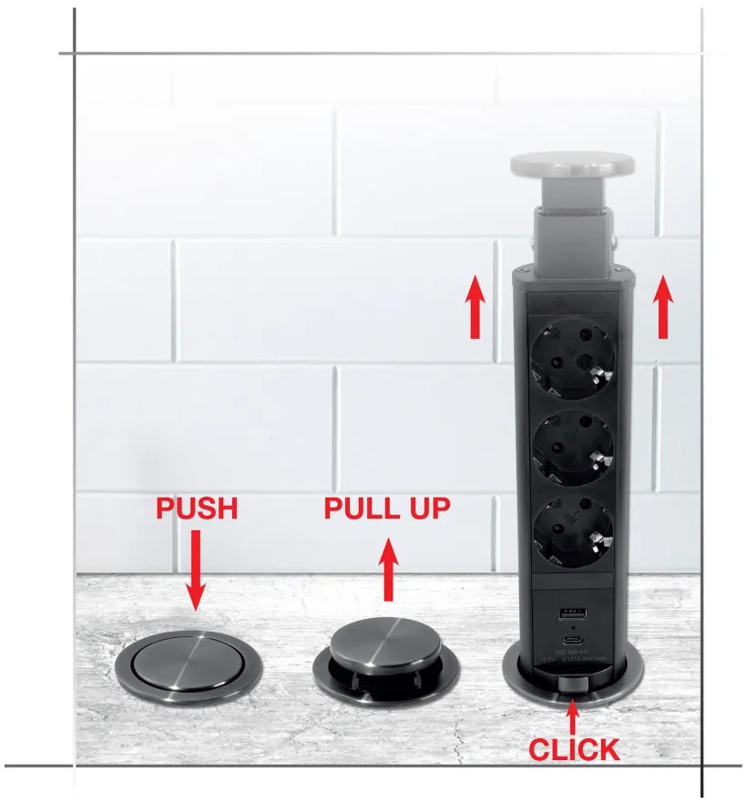 Commel bútorba építhető, rejtett elosztó 3 db aljzat, USB A+C fekete+szürke gyürü 16A 3680W