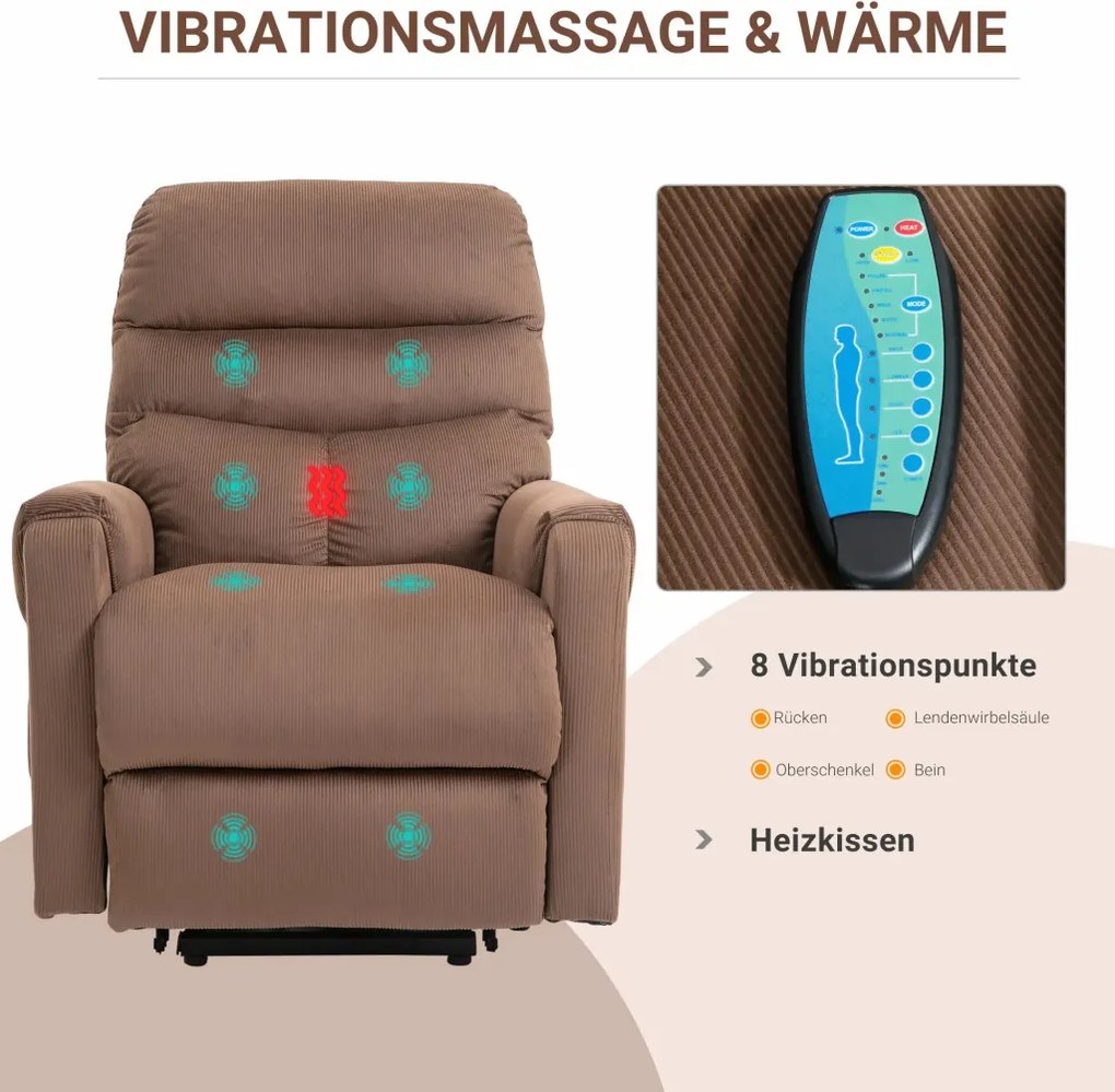 HOMCOM Masszázsfotel, elektromos relaxfotel emelőrásegítéssel, távirányítóval és oldalsó zsebbel, szövet, barna