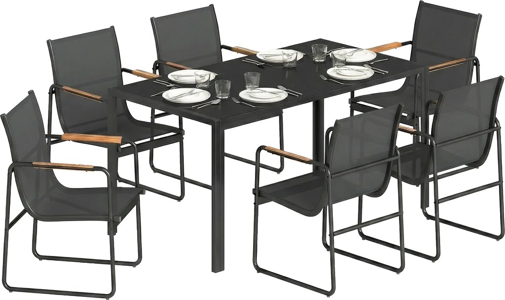 Outsunny 7 részes kültéri étkezőgarnitúra — 150×80 cm edzett üvegasztal, 6 hálós szék | Aosom