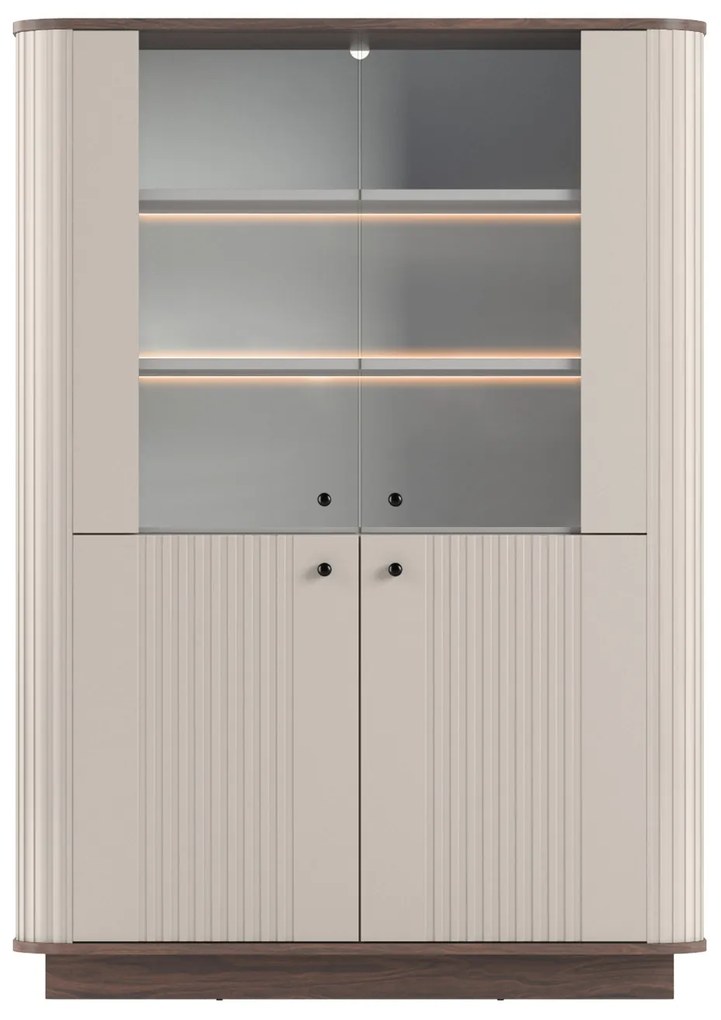 Vesper négyajtós vitrines szekrény 103 cm talapzaton - kasmír / dió / fekete fogantyúk