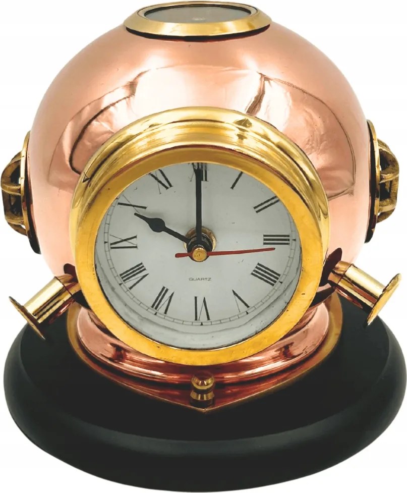 Asztali óra Búvár sisak iránytűvel sárgaréz fából készült alapon