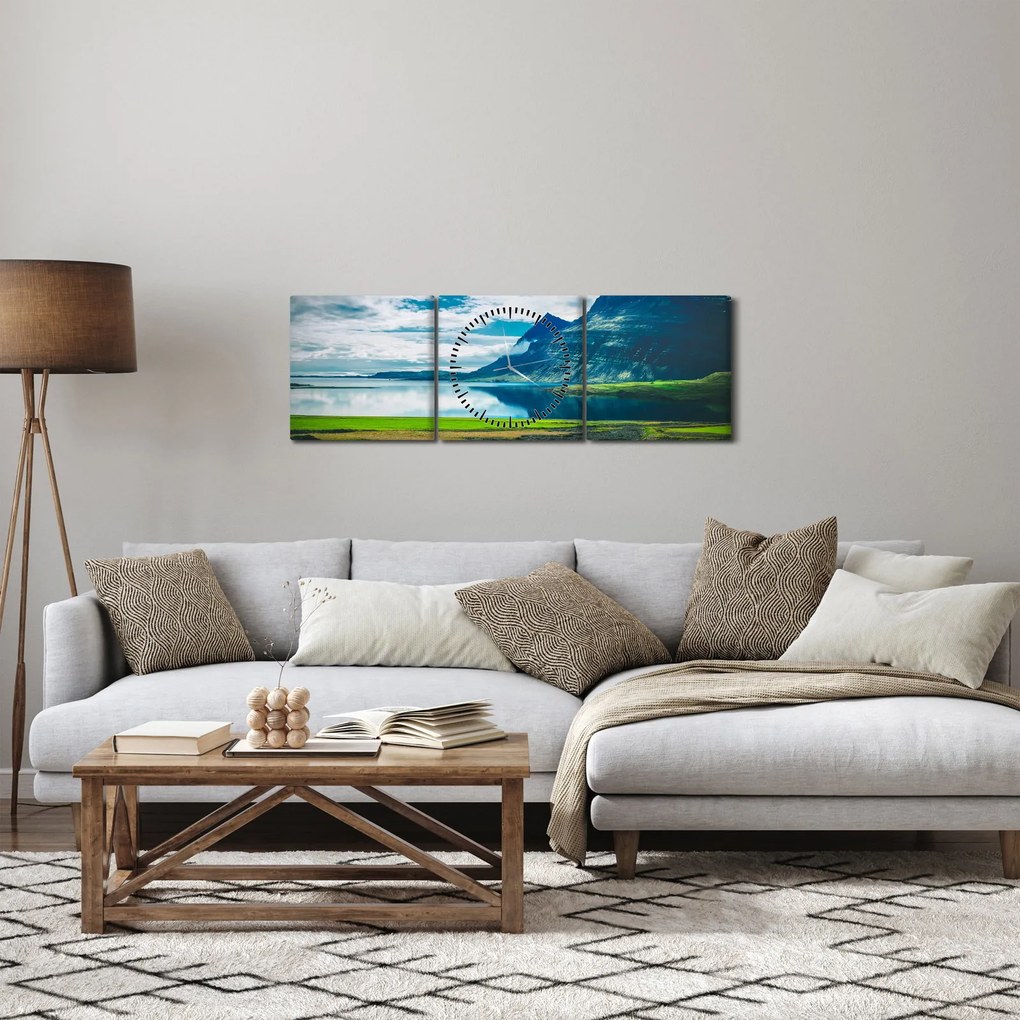 Egy tó hegyekkel képe (órával) (90x30 cm)
