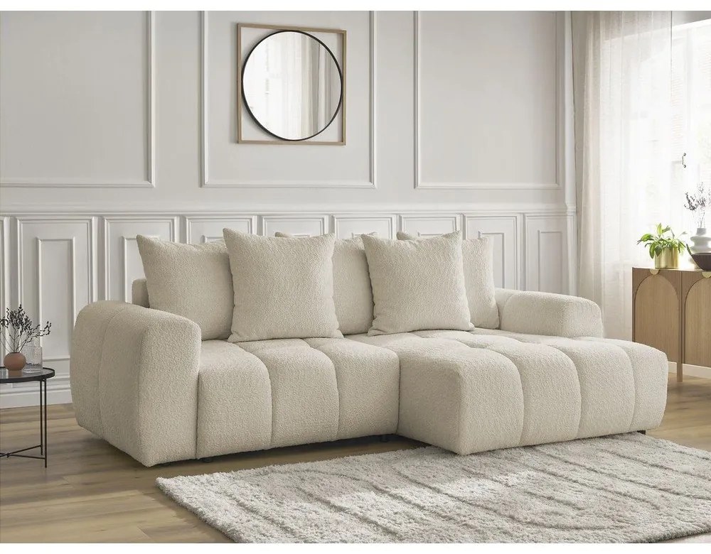 Bézs buklé kinyitható-tárolóhelyes sarokkanapé (jobb oldali-heverő résszel) Roxelane – Bobochic Paris