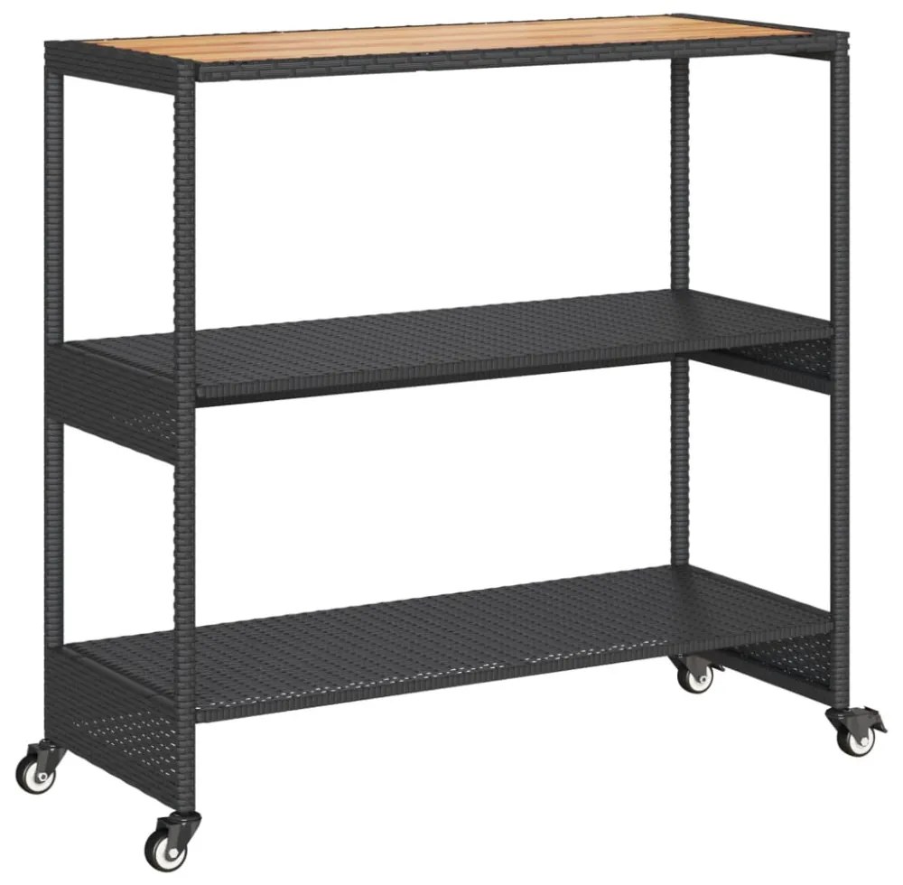 3 szintes fekete polyrattan és tömör akácfa zsúrkocsi