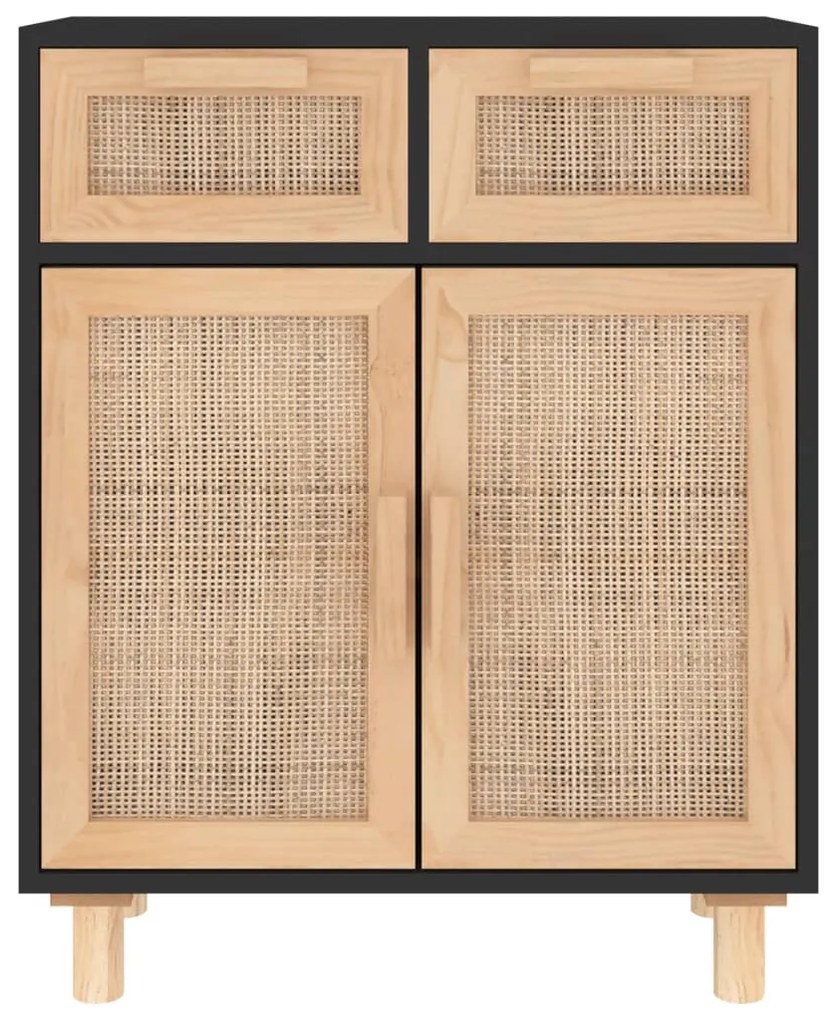 fekete tömör fenyő/természetes rattan tálalószekrény 60x30x75cm