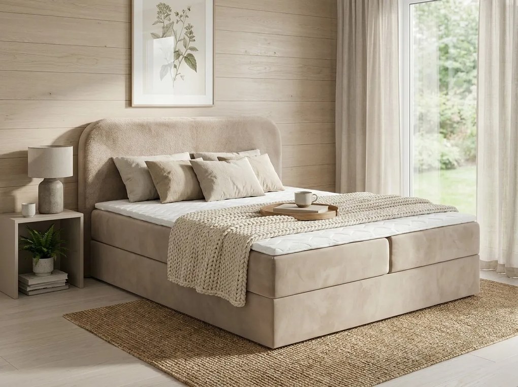 Kárpitozott boxspring ágy FORENA 180x200 cm bézs Matrac: Bonell rugós matrac