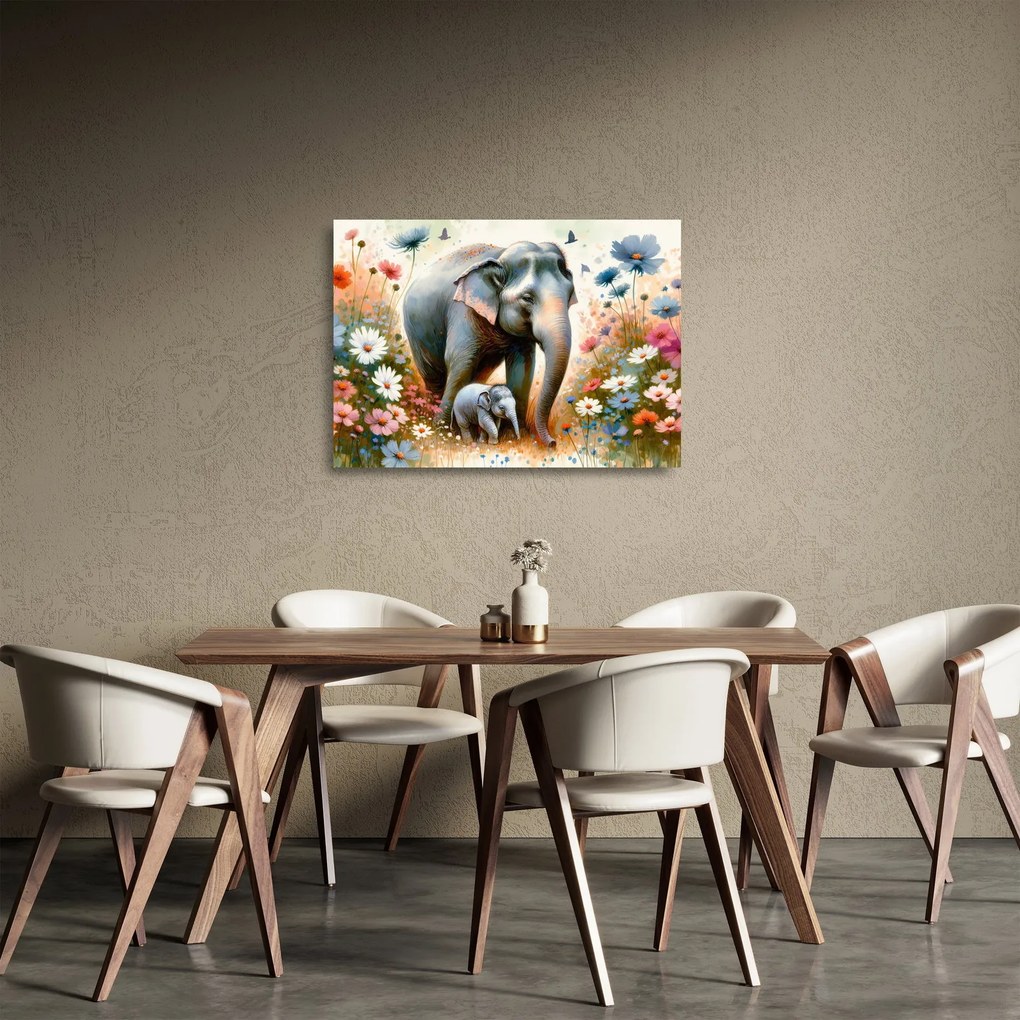 Üveg kép - Elefánt mama, akvarell (70x50 cm)