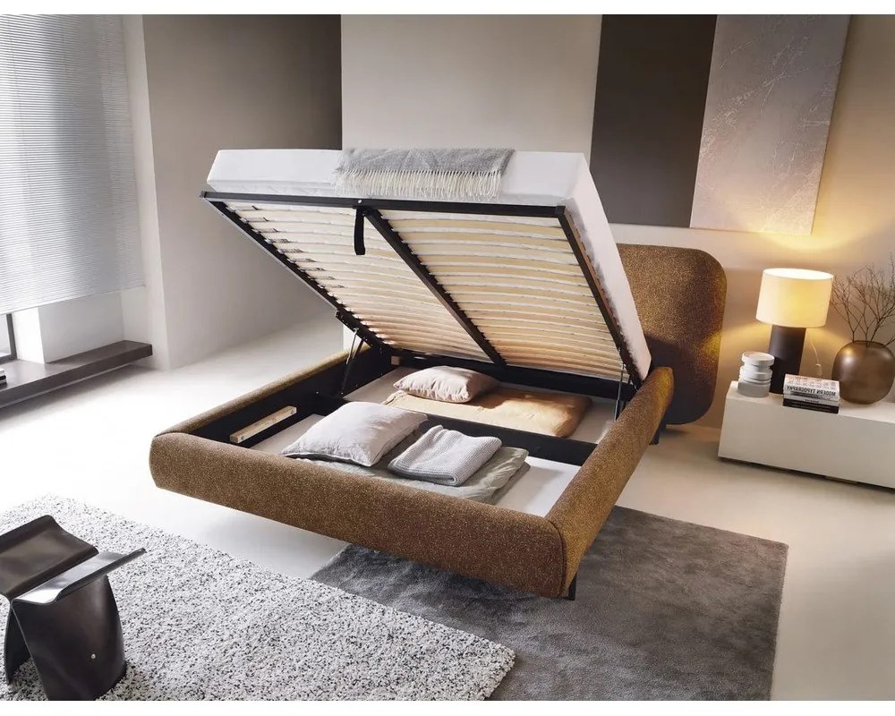 Okkersárga kárpitozott ágyneműtartós franciaágy ágyráccsal 180x200 cm Pointt – ELTAP