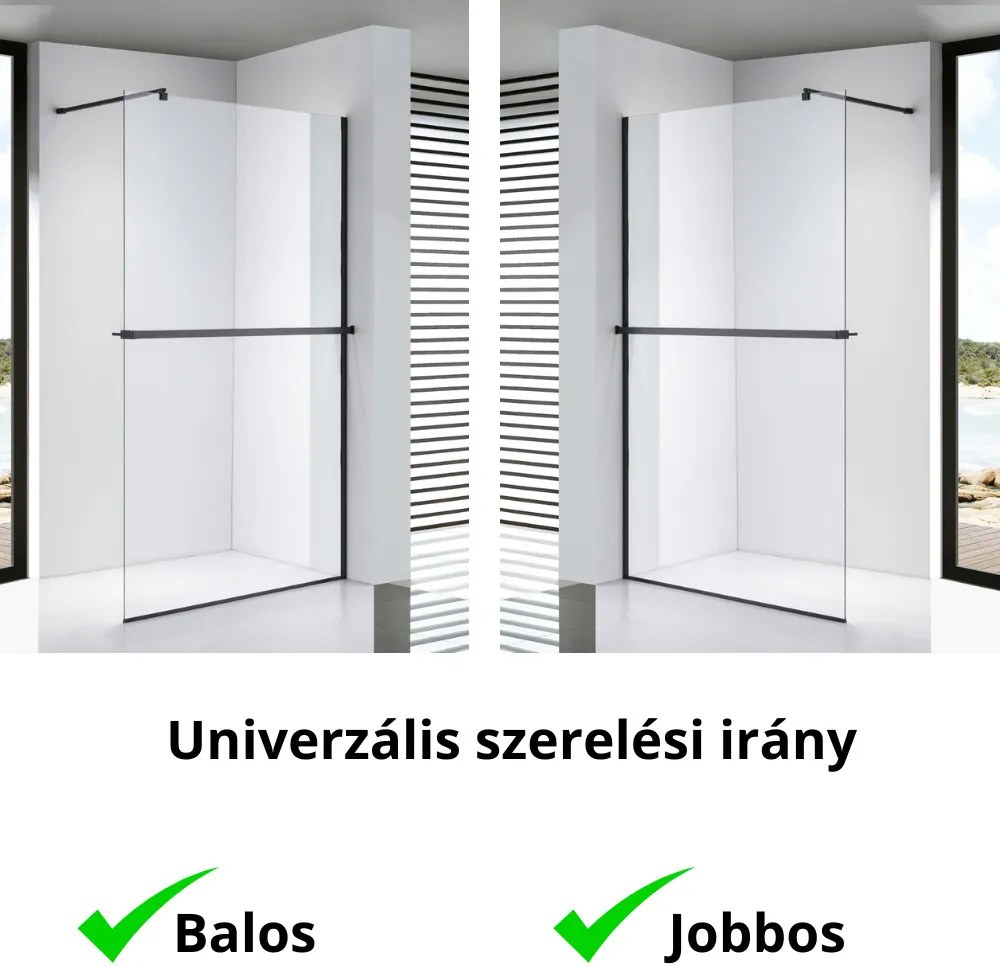 Stuxi Milano Plus Black Walk-in zuhanyfal, 100x200 cm, 8 mm vastag vízlepergető biztonsági üveggel, matt fekete profillal, távtartóval, polccal és törölközőtartóval