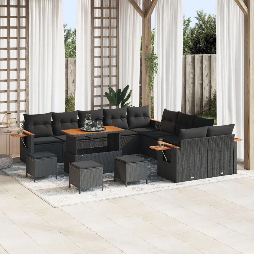 13 Részes Kerti Kanapészett Párnákkal Fekete Poly Rattan Akác, 3 Részes Kerti Étkezőszett Párnákkal Fekete Poly Rattan Akác