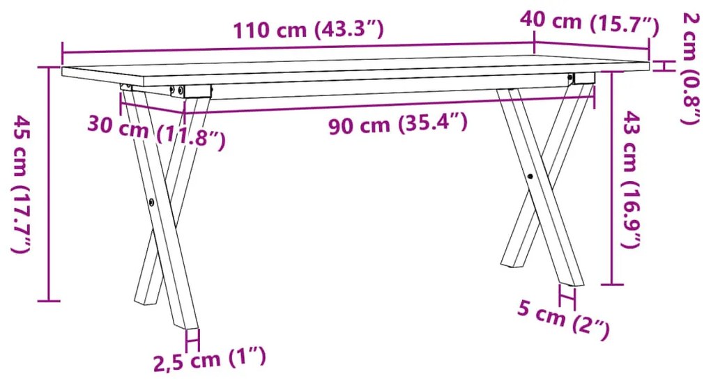 tömör fenyőfa és öntöttvas dohányzóasztal X-vázzal 110x40x45 cm