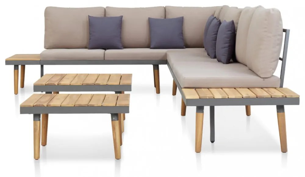 7 személyes barna tömör akácfa kerti bútorgarnitúra párnákkal