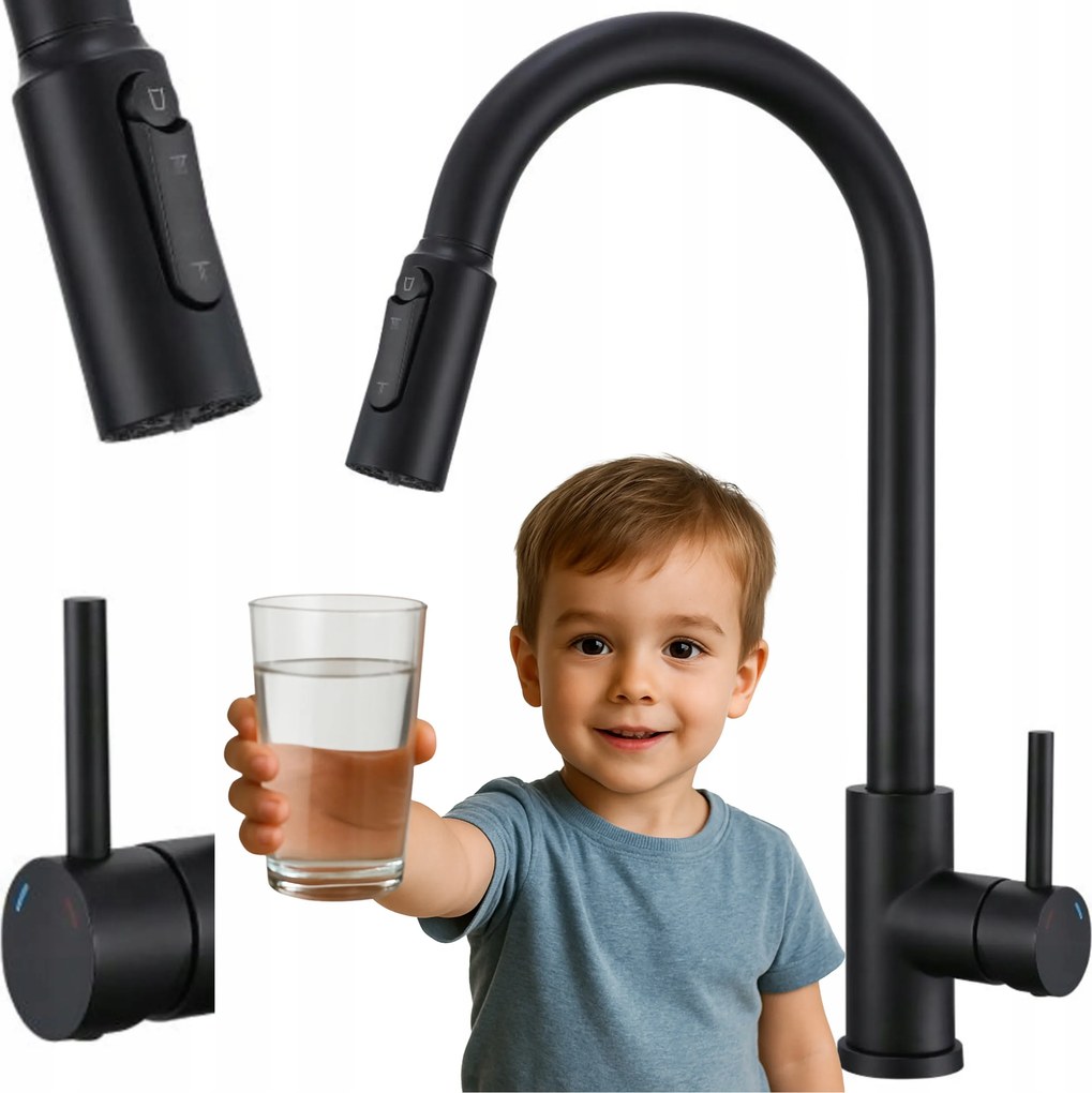 Háromutas konyhai csaptelep vízszűrőhöz fekete kihúzható kifolyócső