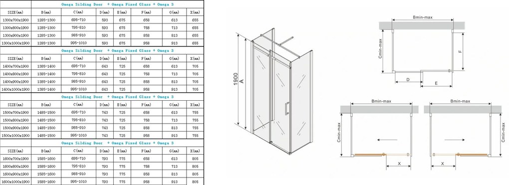 Mexen Omega 3 falas zuhanykabin 150x90cm, 8mm üveg, króm profil-átlátszó üveg, 825-150-090-03-00