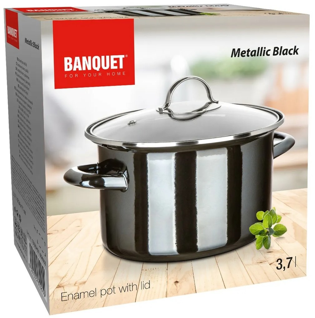 Banquet Emaille-beschichtete Pfanne METALLICSchwarz 24 cm, 3,7 l, mit Deckel, 24 cm
