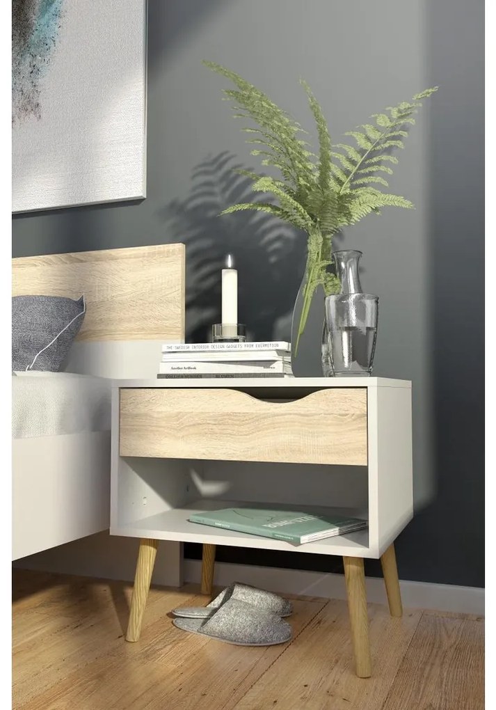 Retro éjjeliszekrény, fehér / sonoma tölgy