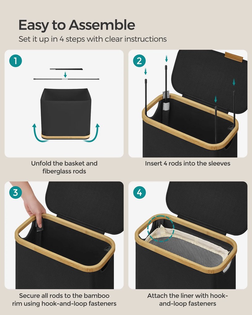 65l szennyeskosár fedéllel, keskeny kialakítás, 42 × 22,5 × 70,5 cm, fekete