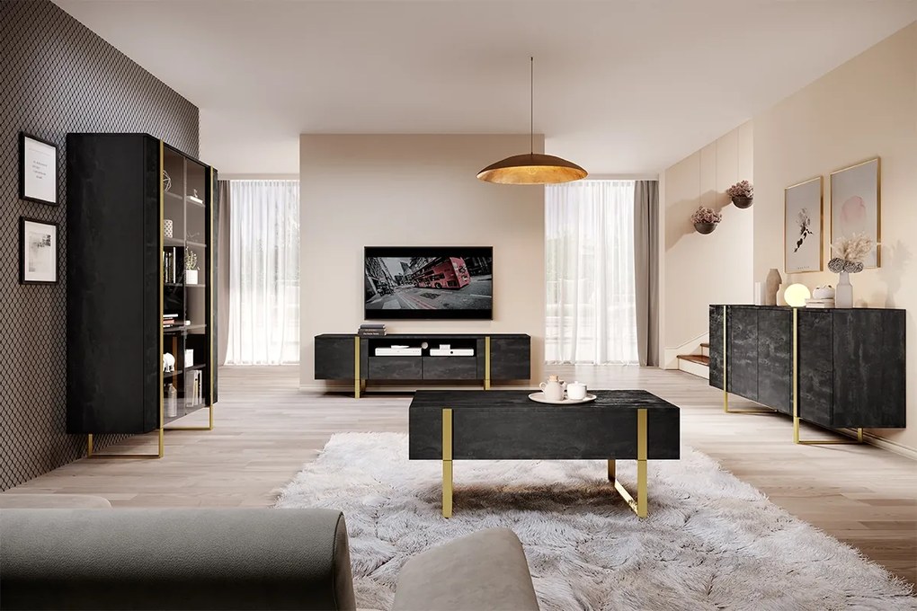 Verica 200 cm-es TV-szekrény nyitott polccal - szénfekete / arany lábak