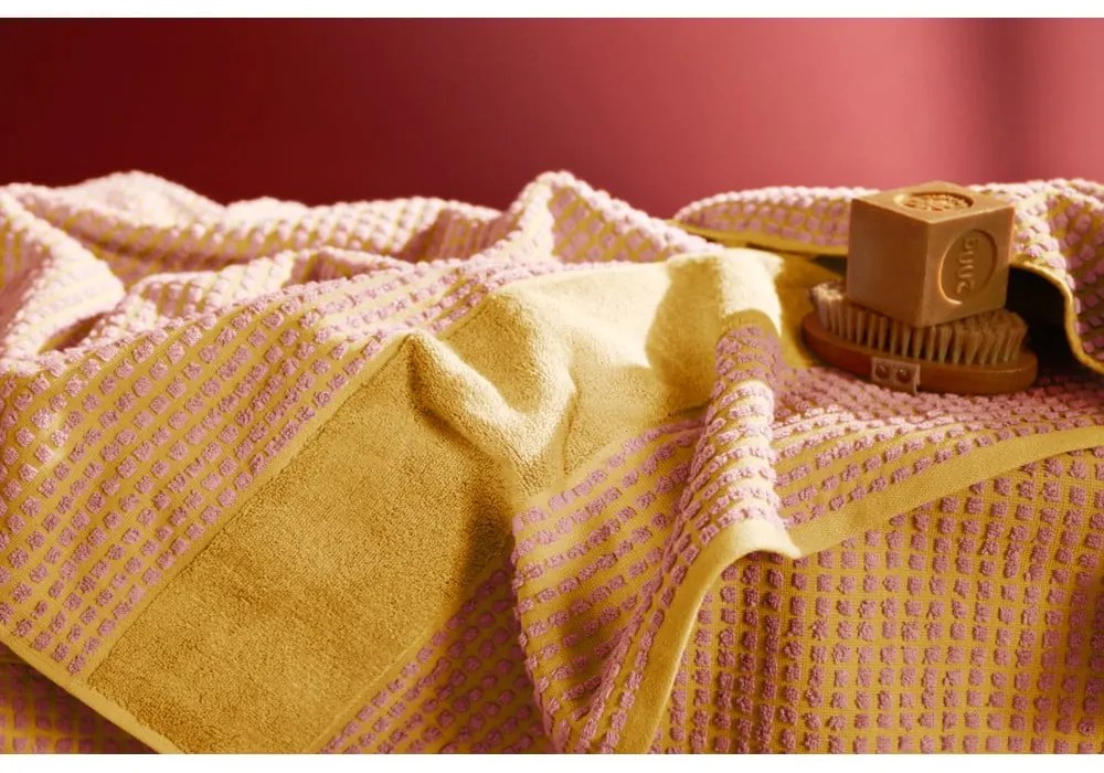 Sárga-rózsaszín frottír bio pamut törölköző 50x100 cm Check – JUNA