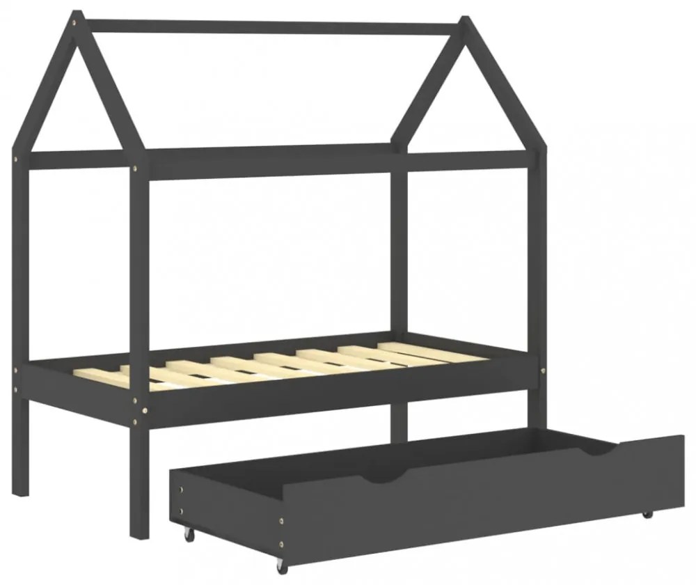 sötétszürke tömör fenyőfa gyerekágykeret fiókkal 70 x 140 cm