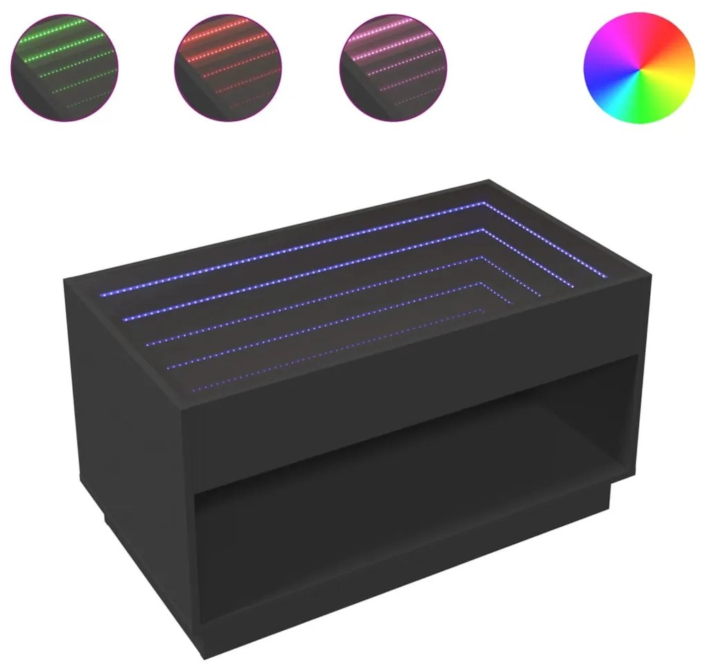 Fekete végtelen hatású LED-es dohányzóasztal 90 x 50 x 50 cm