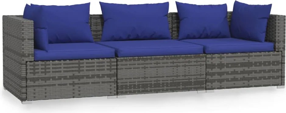 vidaXL 3 személyes szürke polyrattan kanapé párnákkal