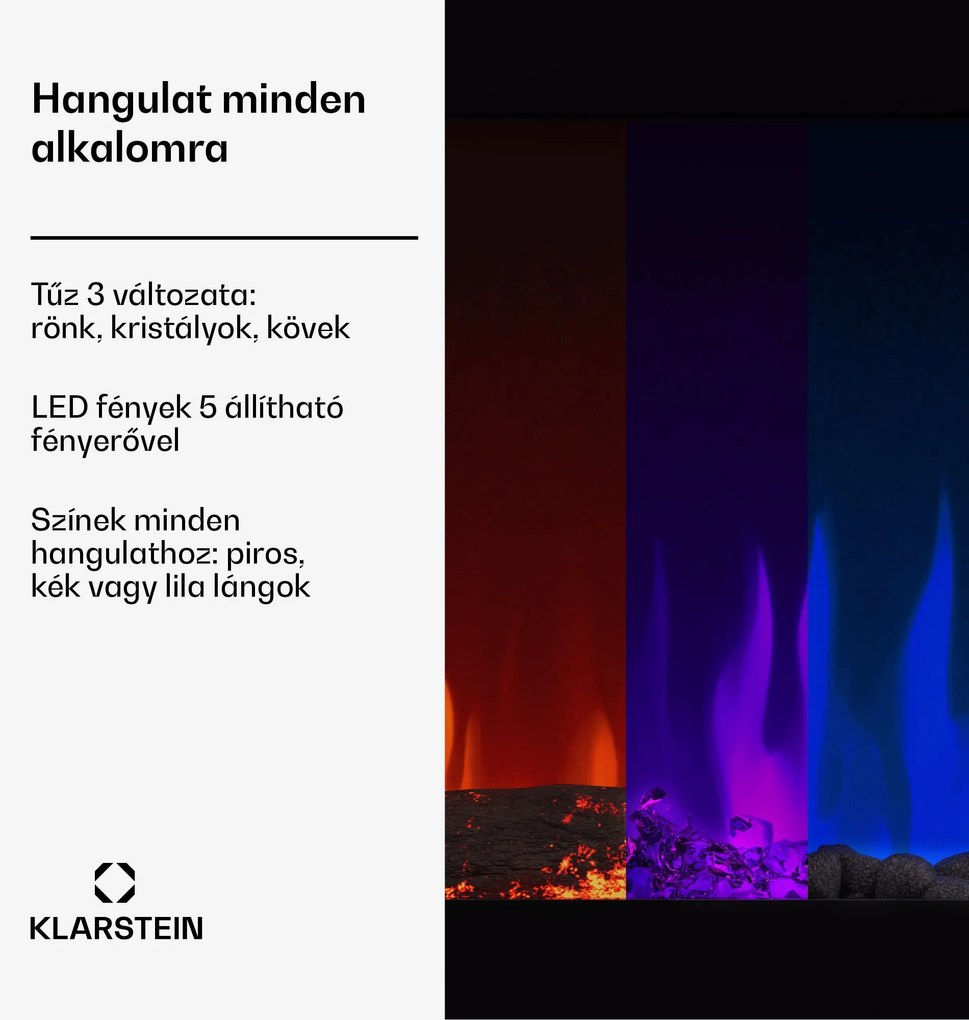 Klarstein Galeras Smart Intelligens elektromos kandalló, 2 hőmérséklet beállítás, 16 - 30°, LED lángillúzió, IOT csatlakozási lehetőség