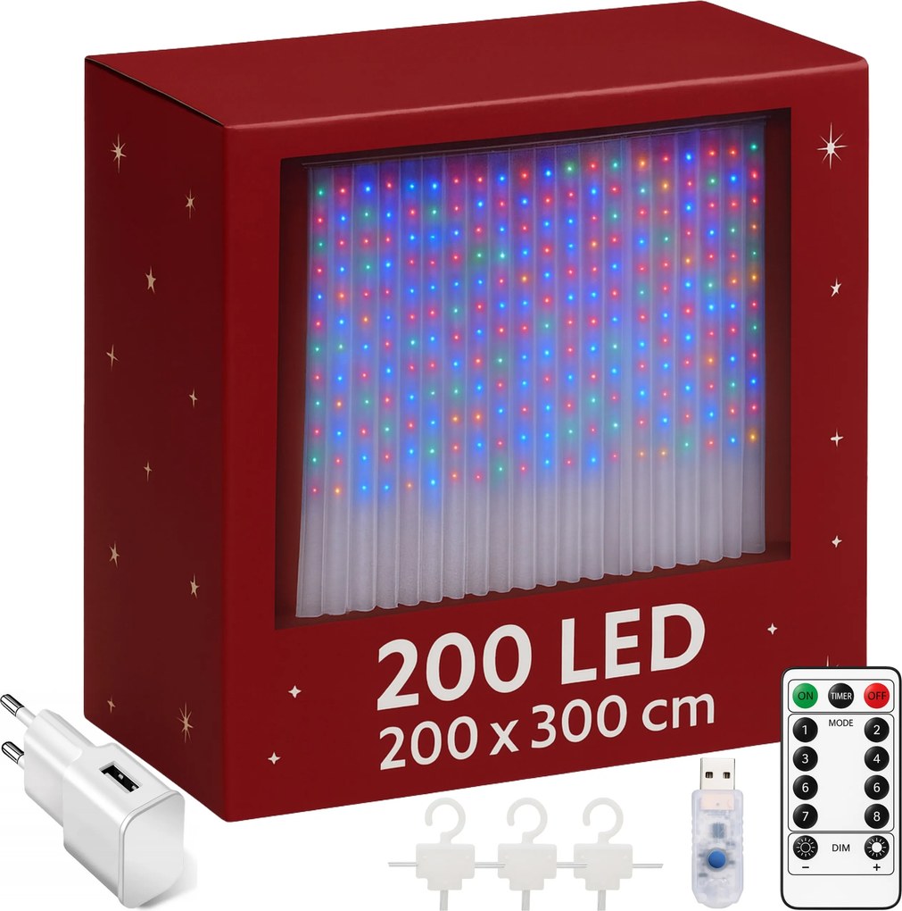 Fényfüggöny 200 Led Lámpák Színes 3x2 Usb Karácsonyi Füzér Multi