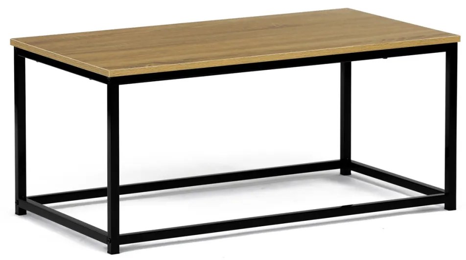 Măsuță de cafea modernă de culoare stejar, 90x48x41 cm, MDF, decor stejar salbatic, metal negru