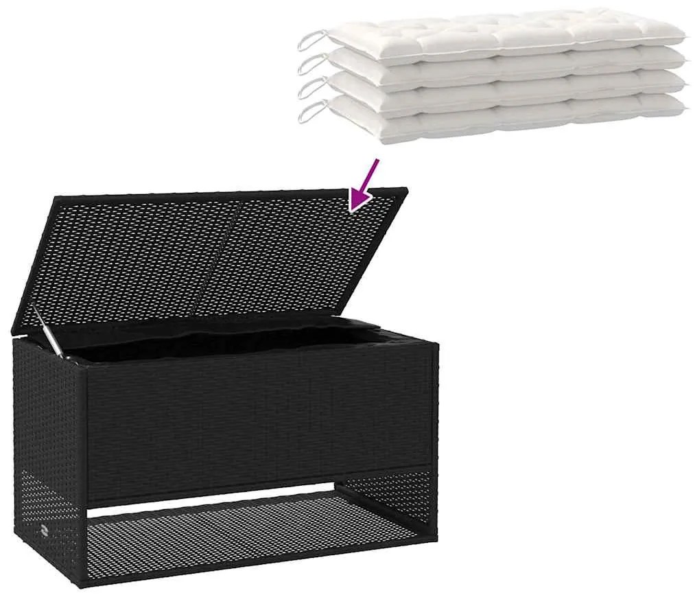 fekete polyrattan kültéri párna doboz 100x55x55,5 cm