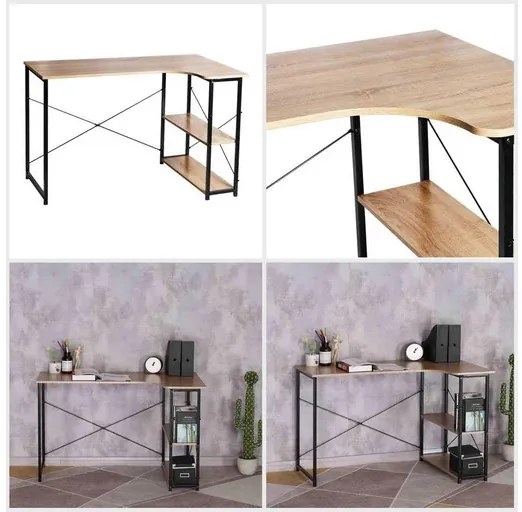 Intenso Home L alakú sarok íróasztal / számítógépasztal polcokkal 120x73cm | Masszív fém váz, fekete - Sonoma tölgy szín